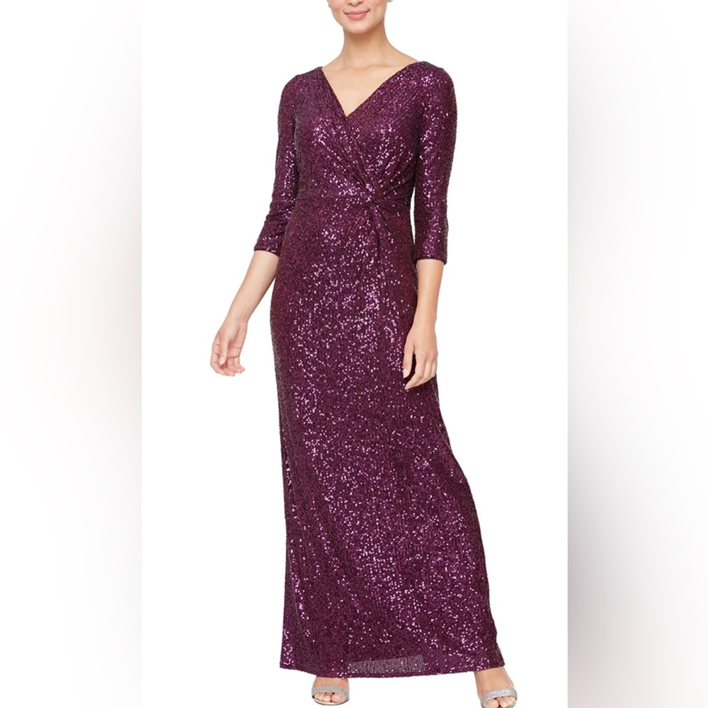 Alex Evenings NEW $239  Long Column Sequin Gown w/Surplice Neckline